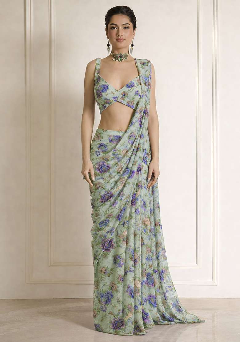 Sage Green Floral Print Crepe Pre Draped Saree Set - Indya