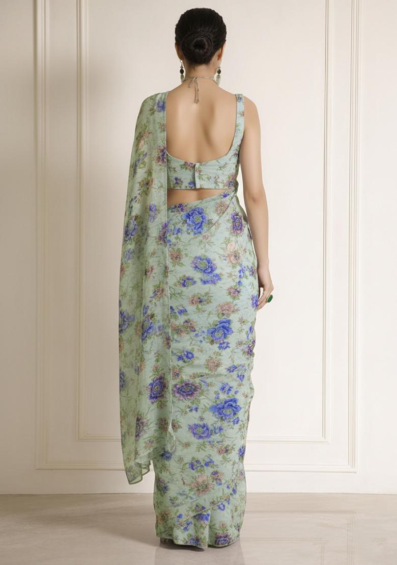 Sage Green Floral Print Crepe Pre Draped Saree Set - Indya