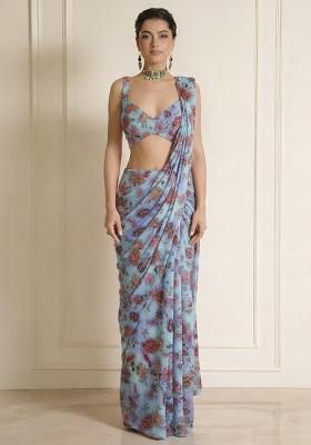 Blue Floral Print Crepe Pre Draped Saree Set