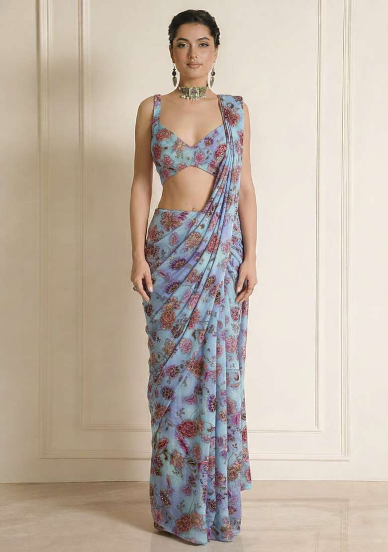 Blue Floral Print Crepe Pre Draped Saree Set - Indya