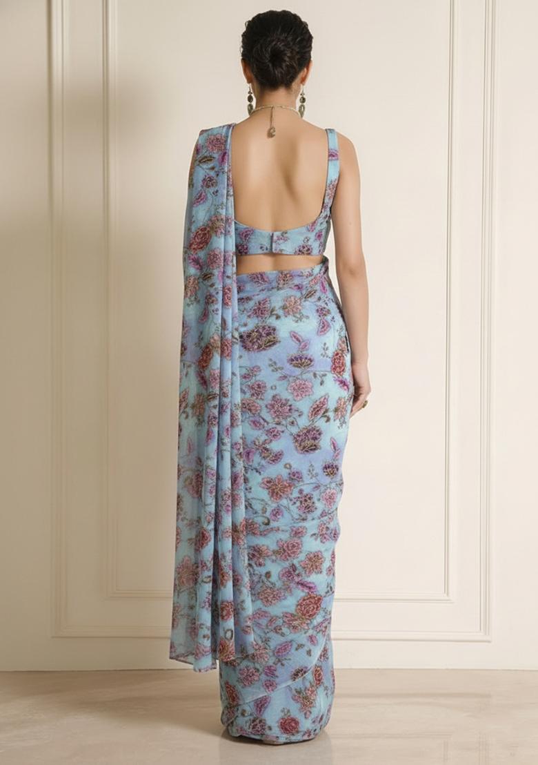 Blue Floral Print Crepe Pre Draped Saree Set - Indya