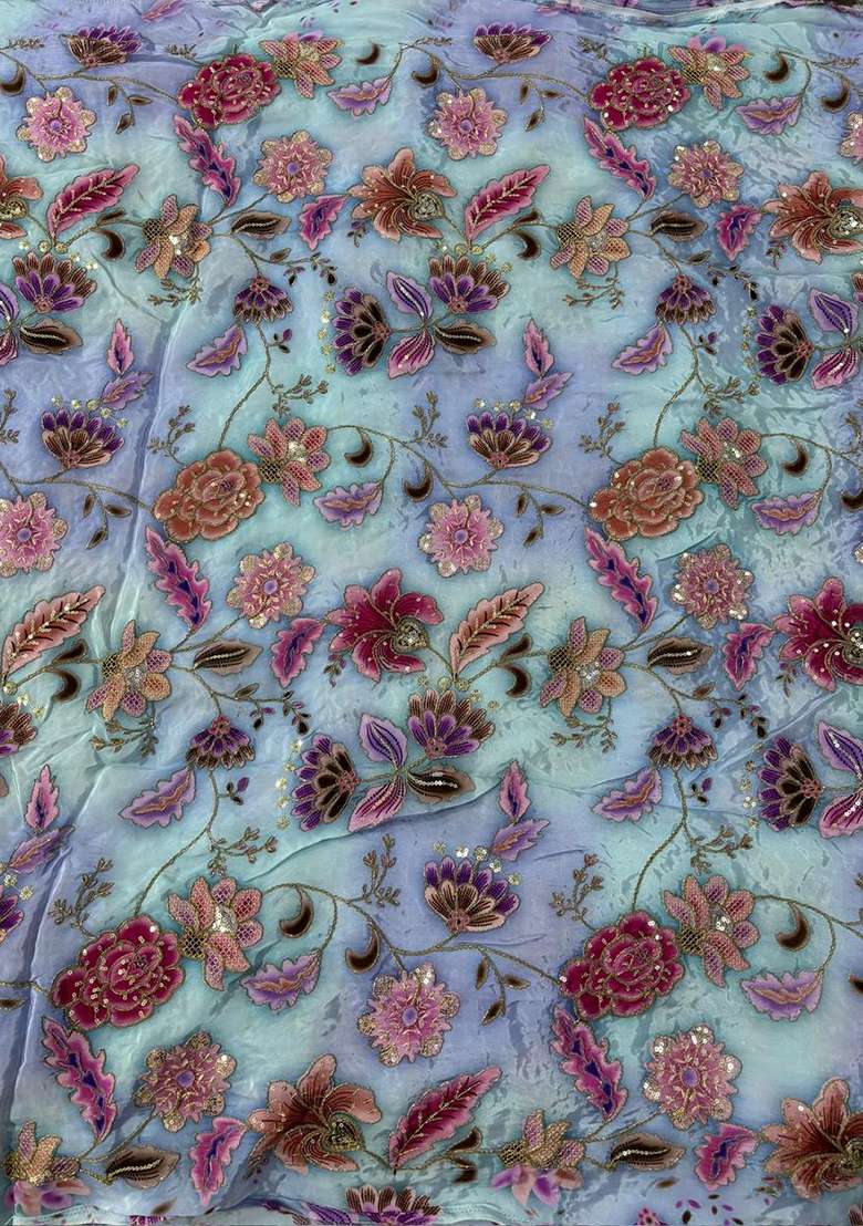 Blue Floral Print Crepe Pre Draped Saree Set - Indya