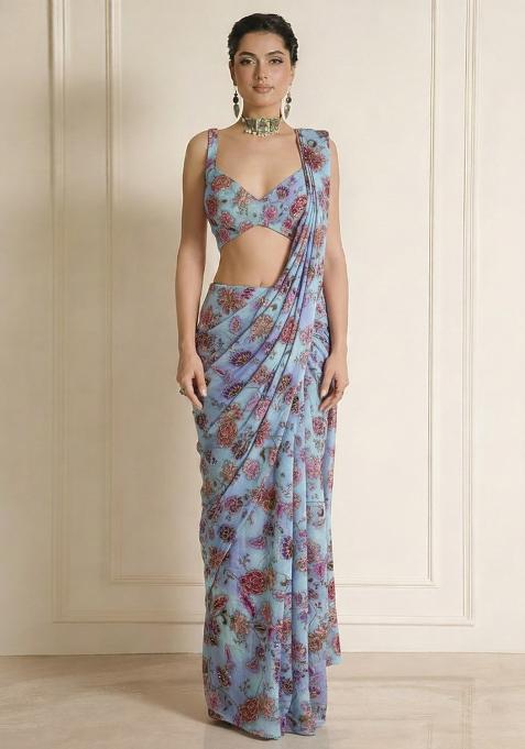 Blue Floral Print Crepe Pre Draped Saree Set