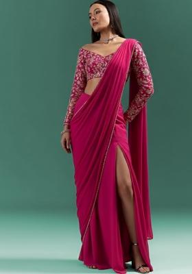 Rani Pink Floral Print Crepe Pre Draped Saree Set