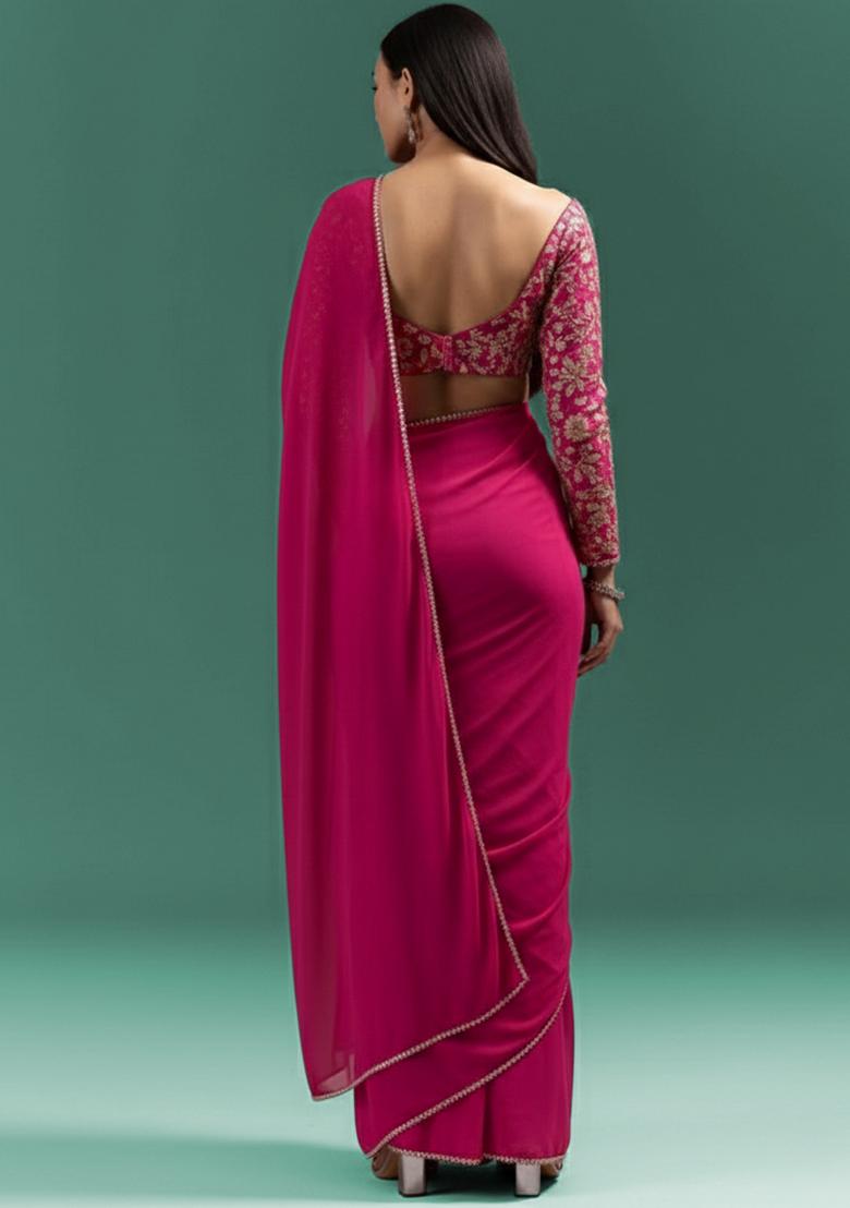 Rani Pink Floral Print Crepe Pre Draped Saree Set - Indya