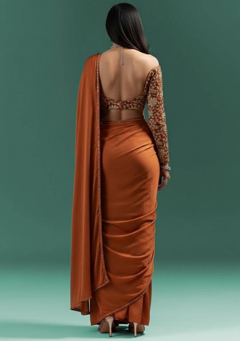 Brown Floral Print Crepe Pre Draped Saree Set - Indya