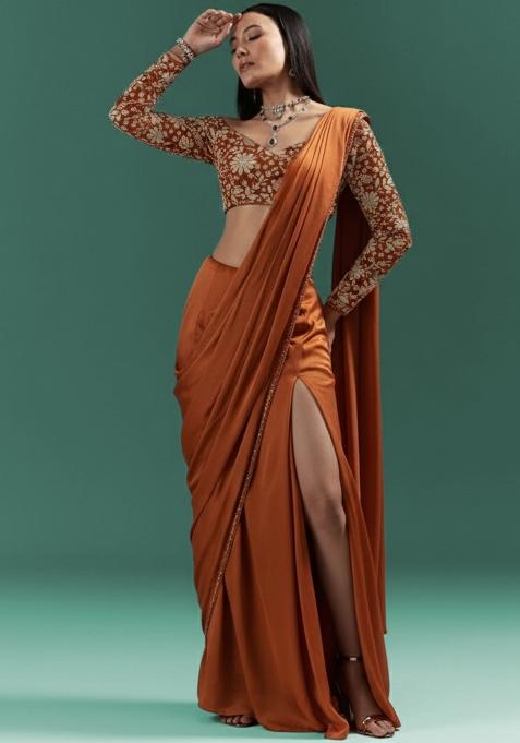 Brown Floral Print Crepe Pre Draped Saree Set