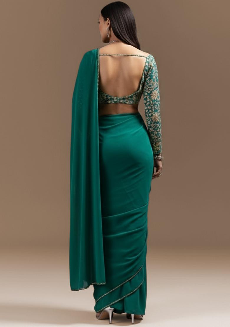 Teal Blue Floral Print Crepe Pre Draped Saree Set - Indya