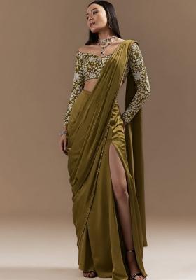 Olive Green Floral Print Crepe Pre Draped Saree Set