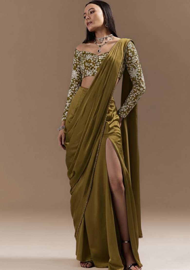 Olive Green Floral Print Crepe Pre Draped Saree Set - Indya