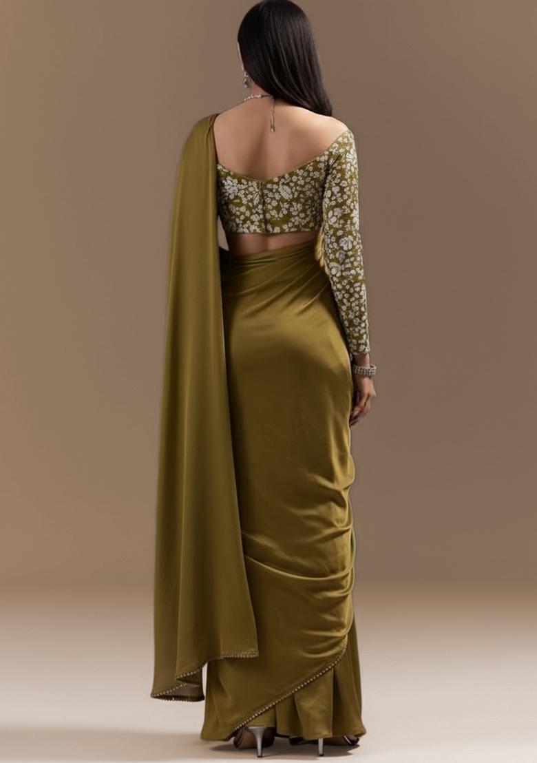 Olive Green Floral Print Crepe Pre Draped Saree Set - Indya