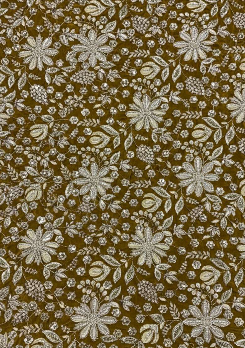 Olive Green Floral Print Crepe Pre Draped Saree Set - Indya