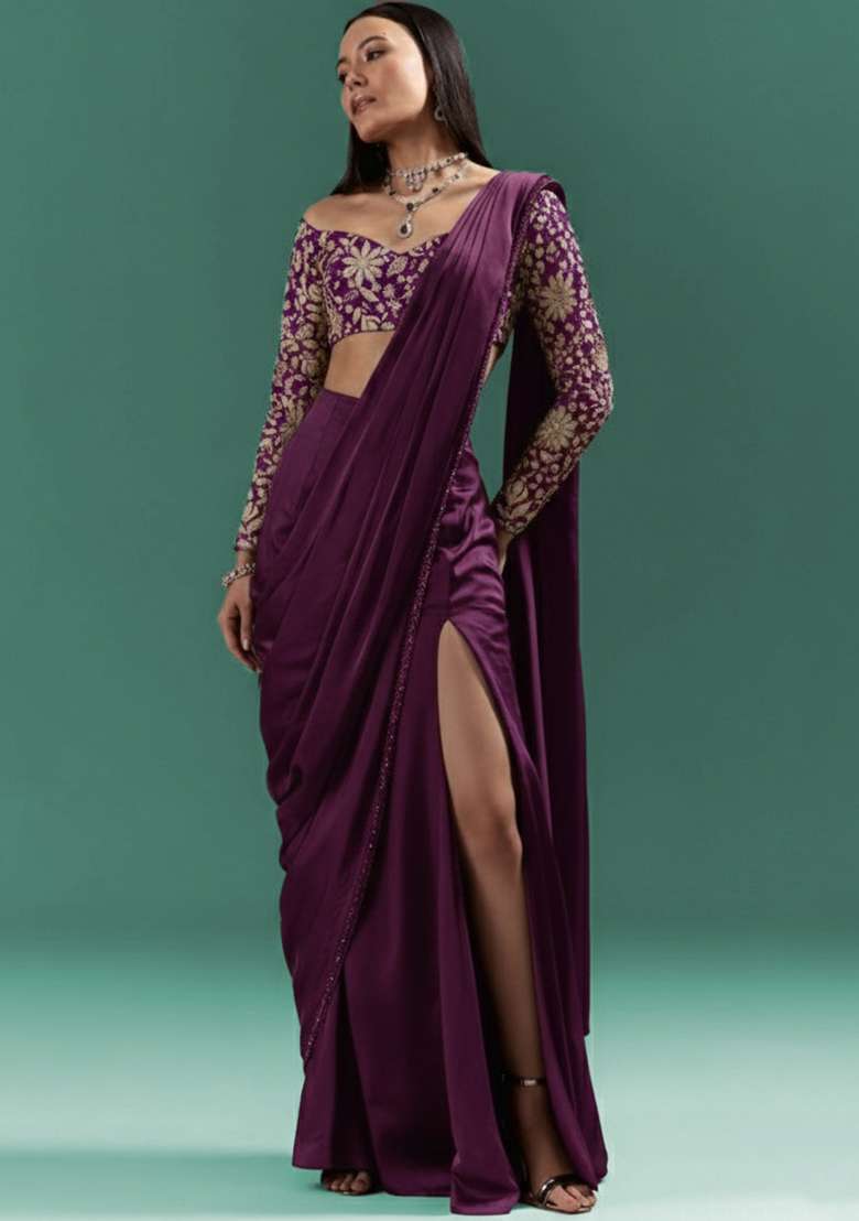 Purple Floral Print Crepe Pre Draped Saree Set - Indya