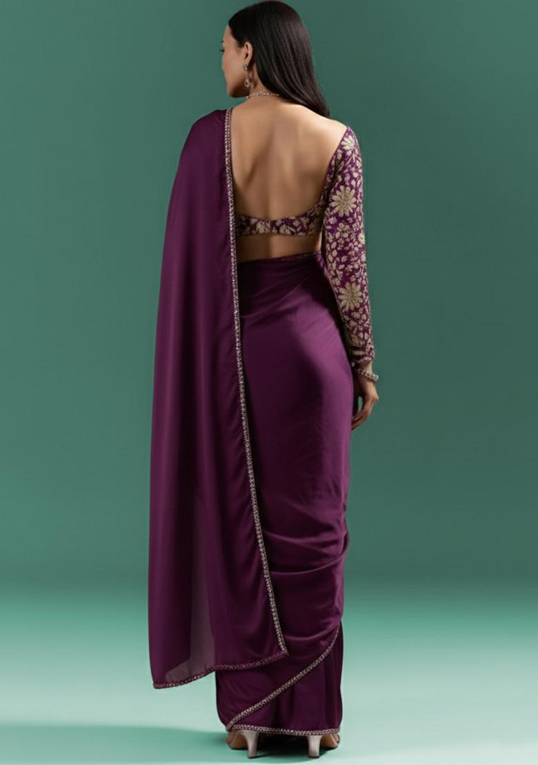 Purple Floral Print Crepe Pre Draped Saree Set - Indya
