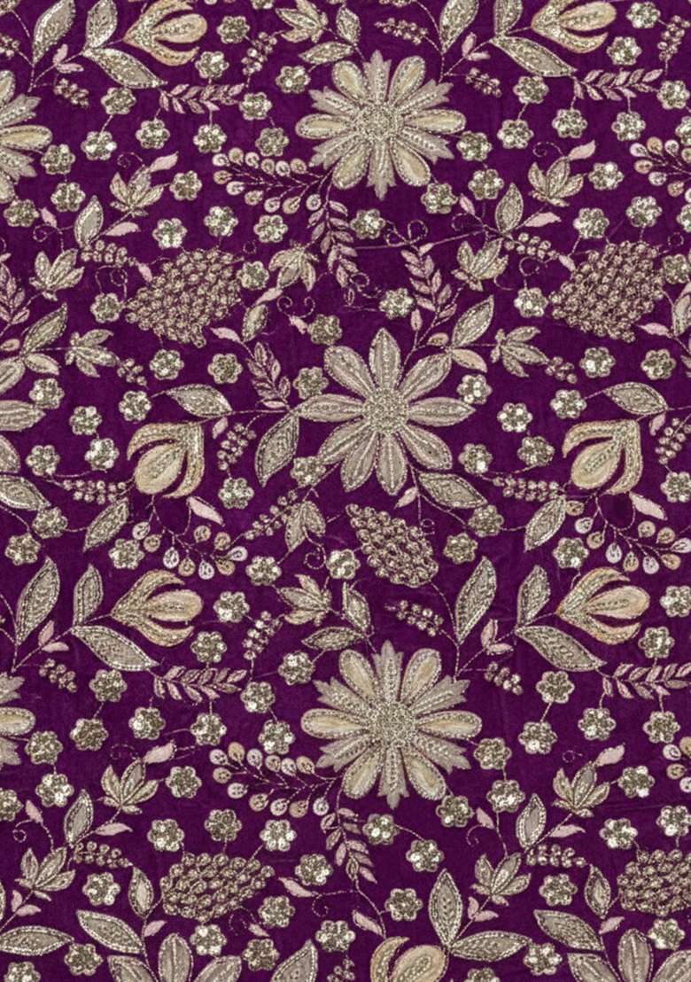 Purple Floral Print Crepe Pre Draped Saree Set - Indya