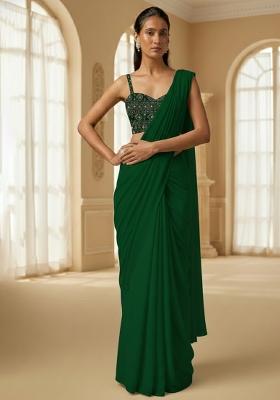 Green Embroidered Georgette Pre Draped Saree Set