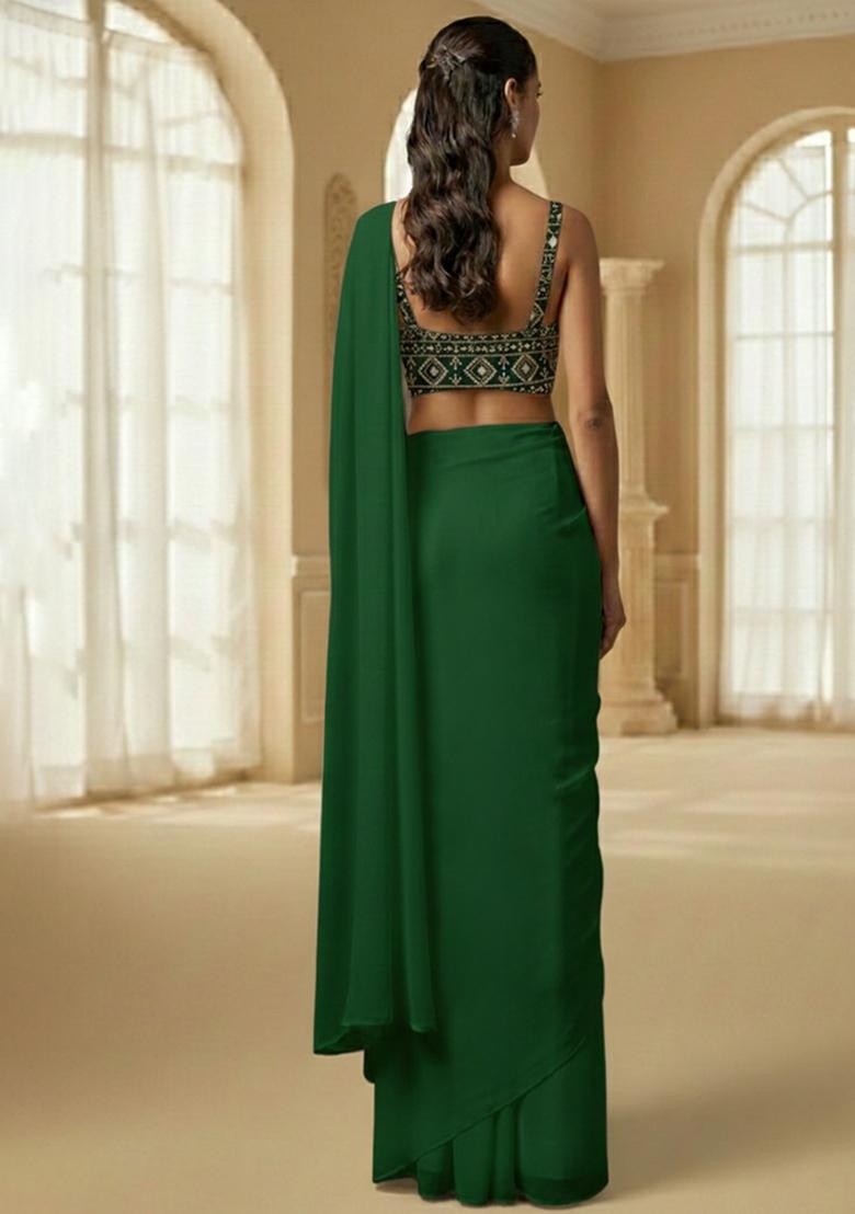 Green Embroidered Georgette Pre Draped Saree Set - Indya