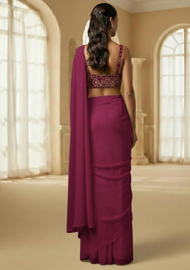 Wine Embroidered Georgette Pre Draped Saree Set - Indya
