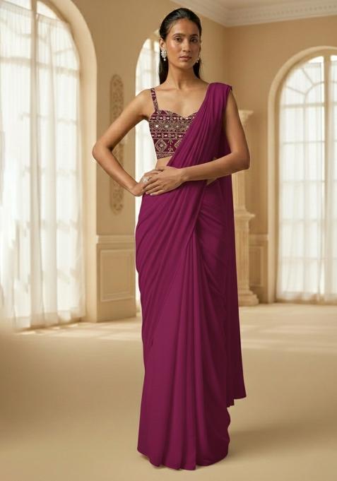 Wine Embroidered Georgette Pre Draped Saree Set