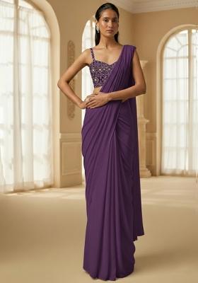 Royal Purple Embroidered Georgette Pre Draped Saree Set