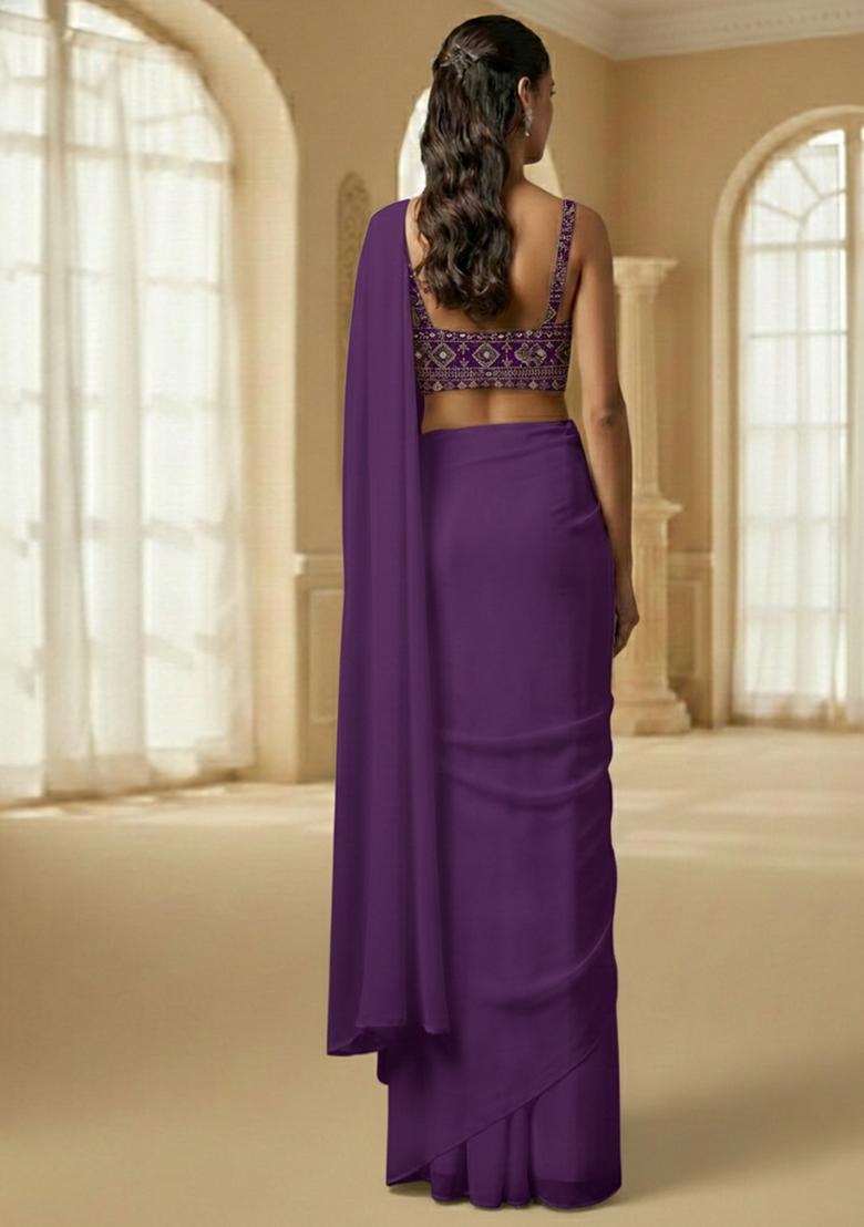 Royal Purple Embroidered Georgette Pre Draped Saree Set - Indya