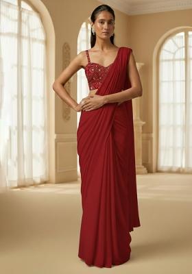 Deep Red Embroidered Georgette Pre Draped Saree Set