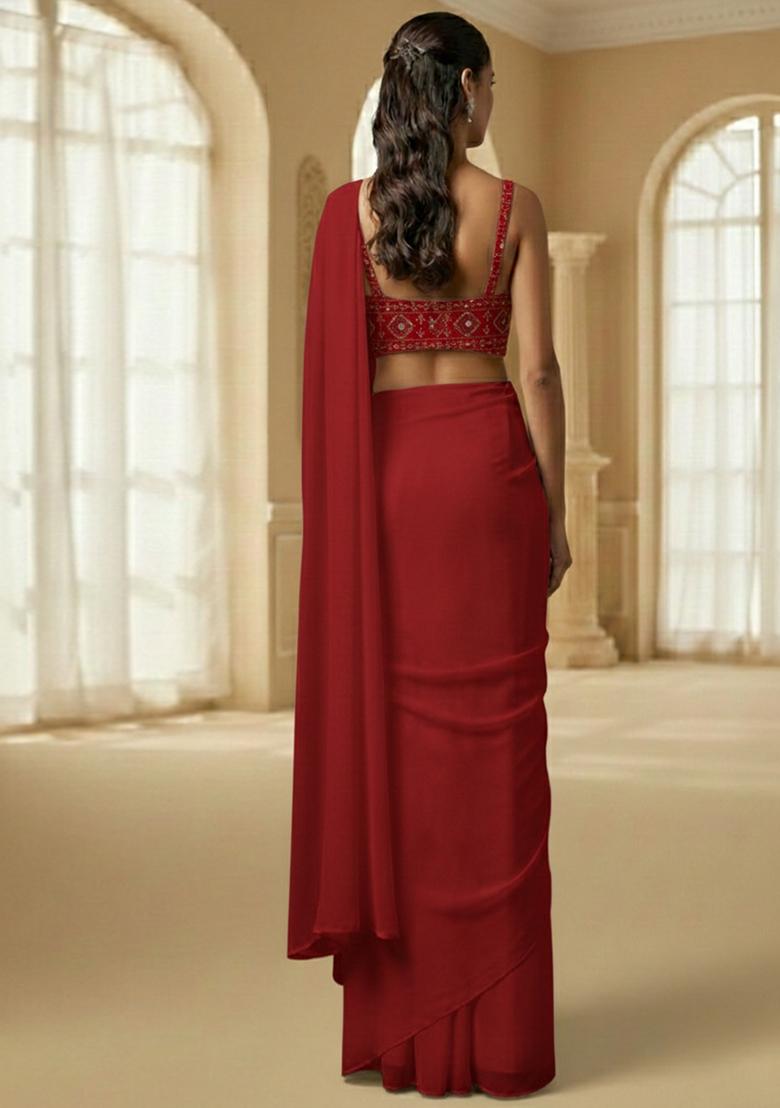 Deep Red Embroidered Georgette Pre Draped Saree Set - Indya