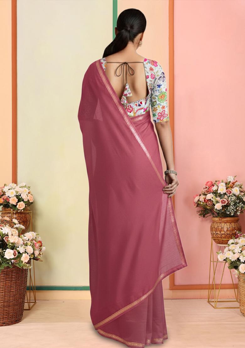 Rani Pink Figure Print Chinon Pre Draped Saree Set - Indya