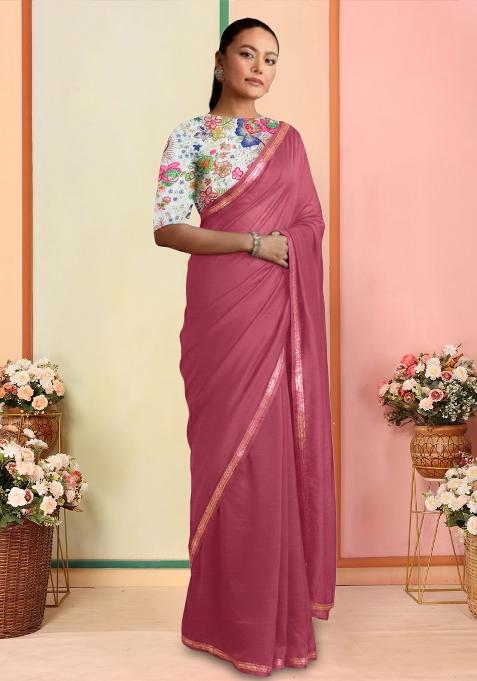 Rani Pink Figure Print Chinon Pre Draped Saree Set