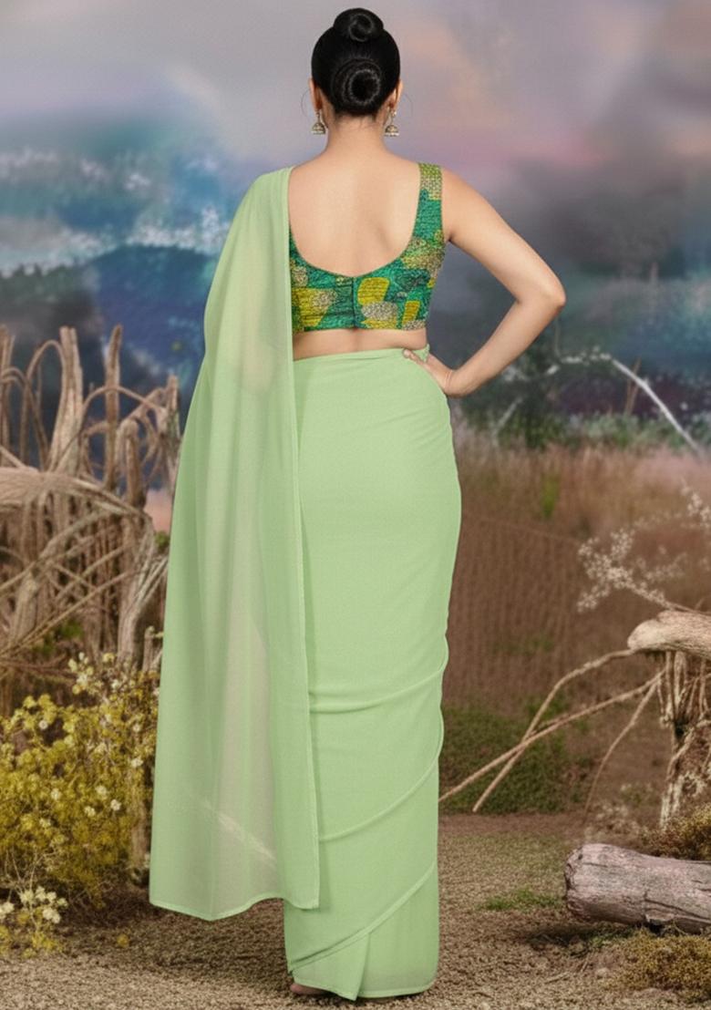 Mint Green Bandhani Print Crepe Pre Draped Saree Set - Indya