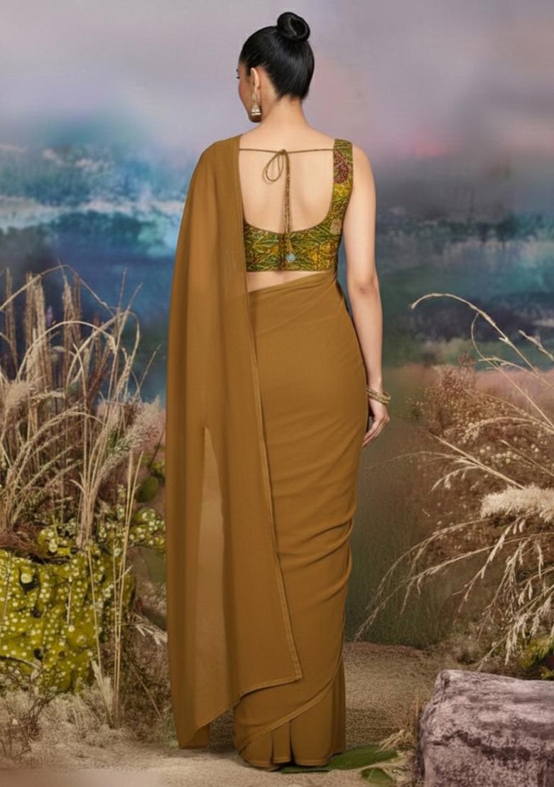 Mustard Brown Bandhani Print Crepe Pre Draped Saree Set - Indya