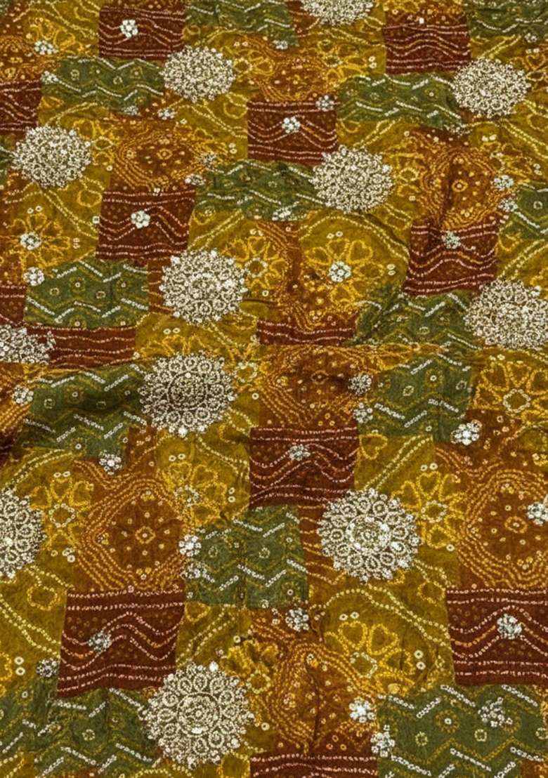 Mustard Brown Bandhani Print Crepe Pre Draped Saree Set - Indya