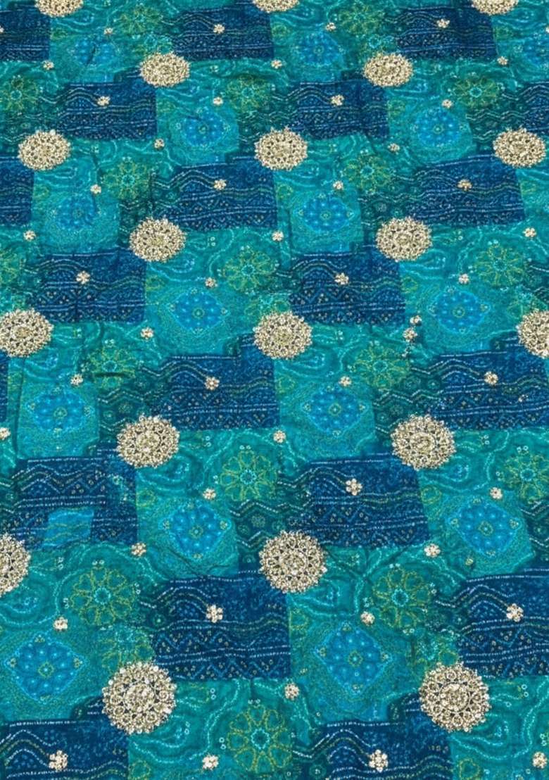 Aqua Blue Bandhani Print Crepe Pre Draped Saree Set - Indya