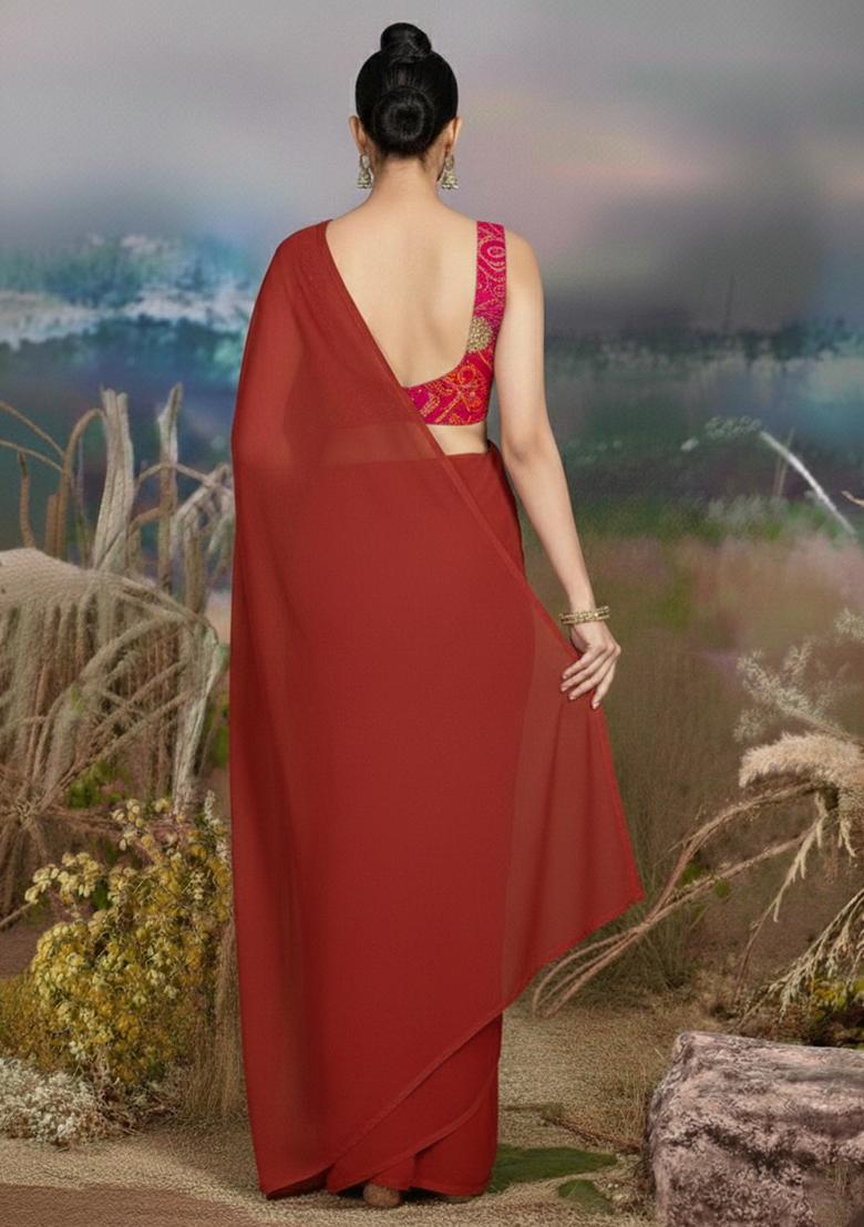 Red Bandhani Print Crepe Pre Draped Saree Set - Indya