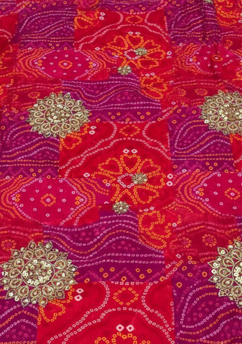 Red Bandhani Print Crepe Pre Draped Saree Set - Indya