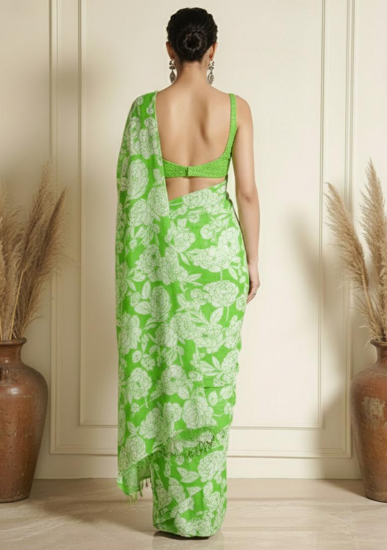 Leaf Green Floral Print Silk Pre Draped Saree Set - Indya