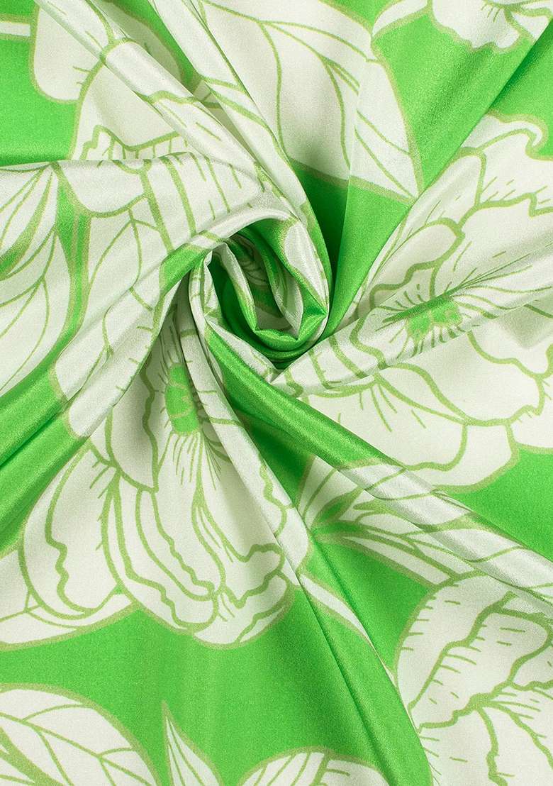 Leaf Green Floral Print Silk Blend Pre Draped Saree Set for Diwali and Festive Wear - Indya