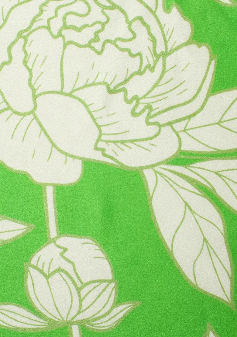 Leaf Green Floral Print Silk Pre Draped Saree Set - Indya