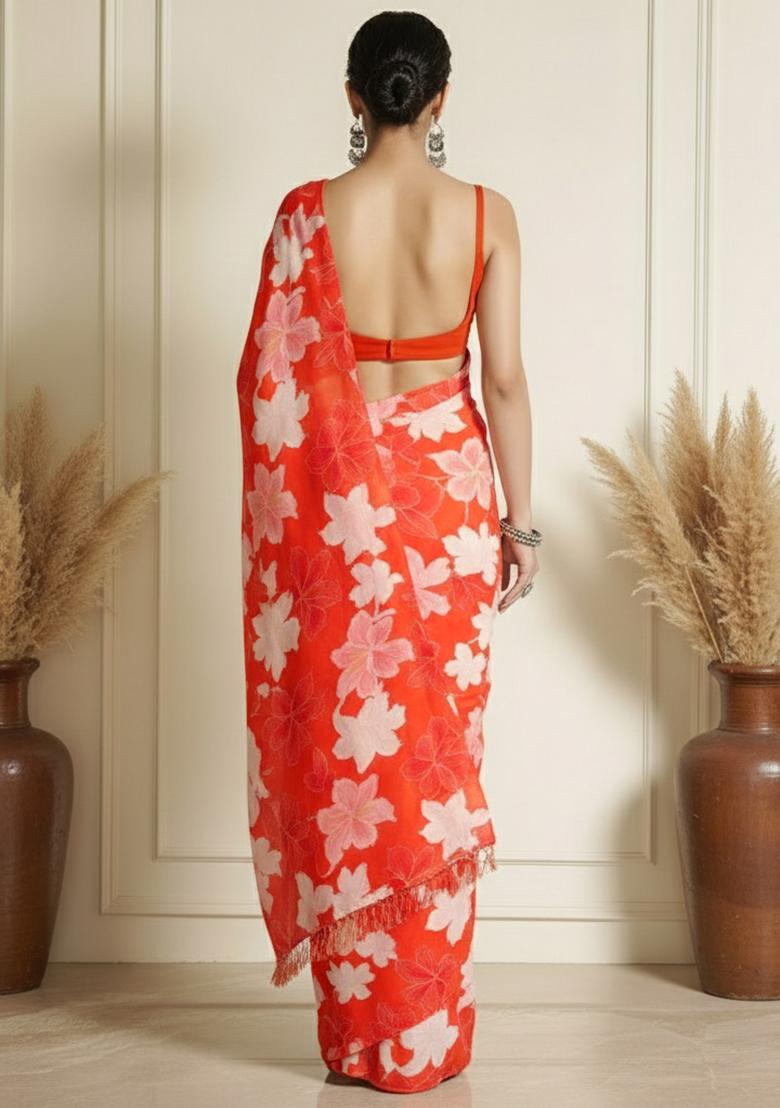 Orange Floral Print Silk Pre Draped Saree Set - Indya