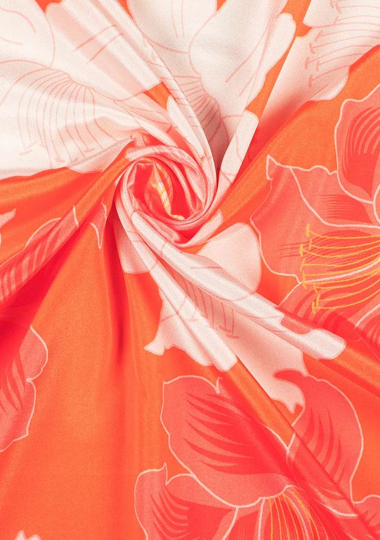 Orange Floral Print Silk Blend Pre Draped Saree Set for Diwali and Festive Wear - Indya