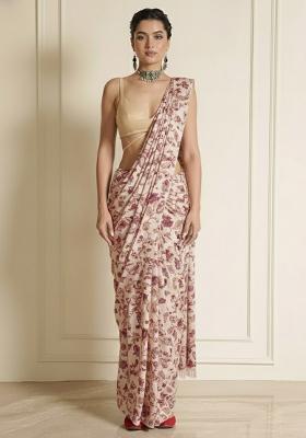 Muted Brown Floral Print Silk Pre Draped Saree Set