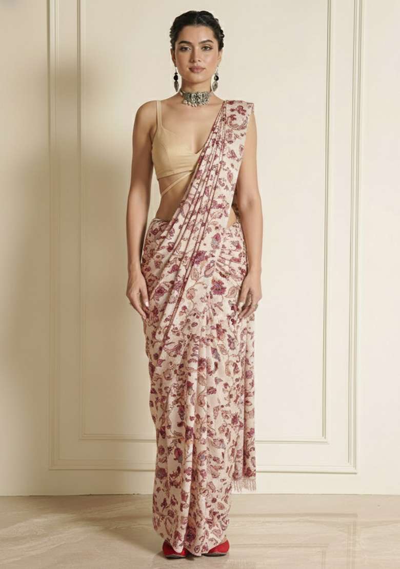 Muted Brown Floral Print Silk Blend Pre Draped Saree Set for Diwali and Festive Wear - Indya