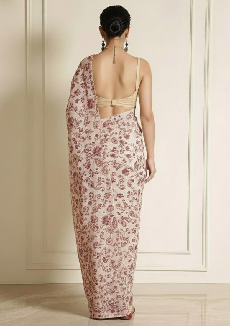 Muted Brown Floral Print Silk Pre Draped Saree Set - Indya