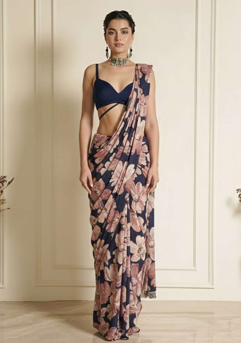 Navy Blue Silk Blend Pre Draped Saree Set with Floral Print for Diwali | Wedding & Festive Wear - Indya