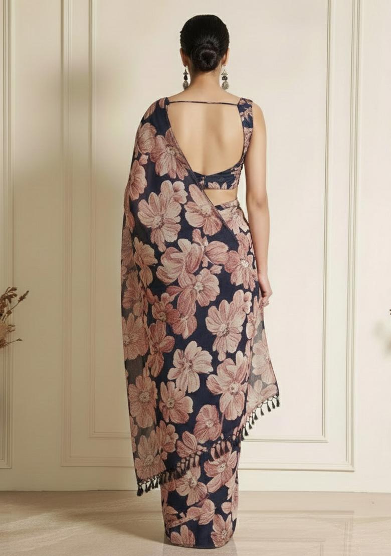 Navy Blue Floral Print Silk Pre Draped Saree Set - Indya