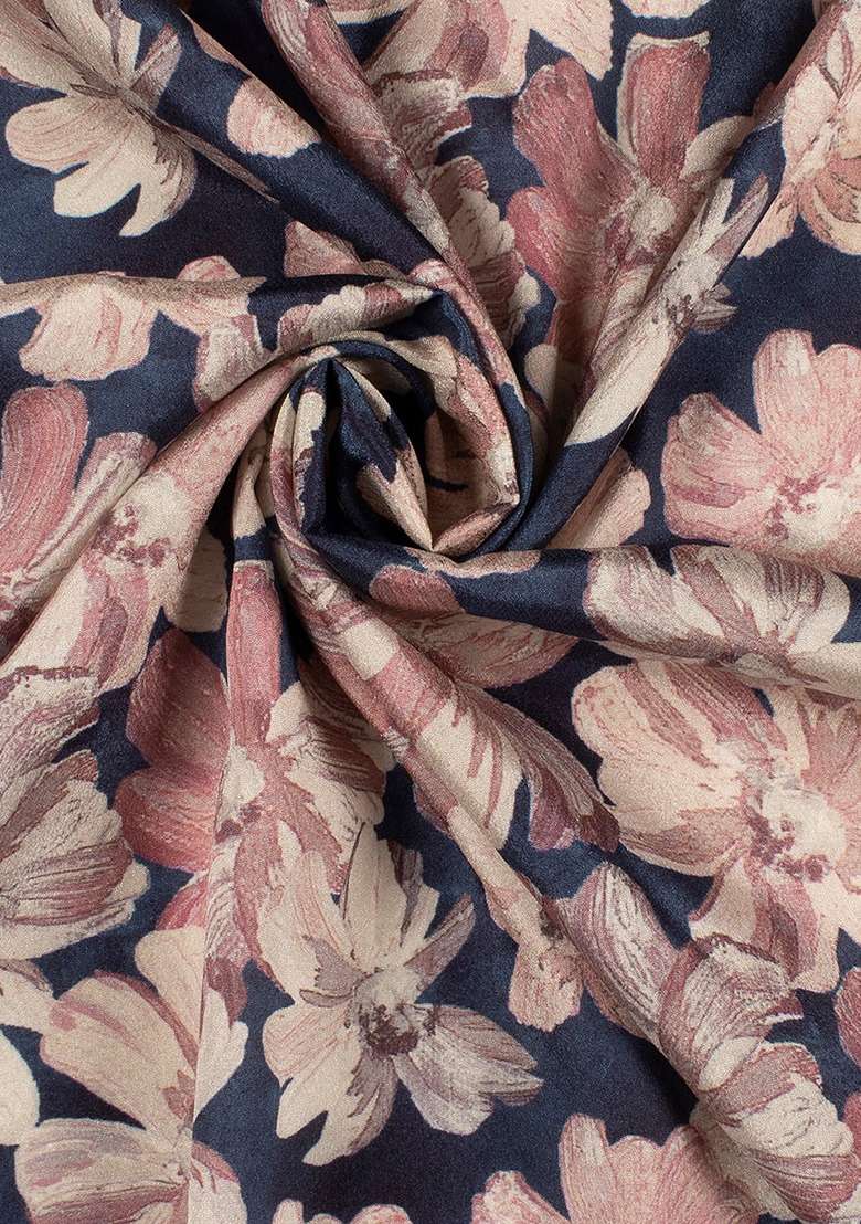 Navy Blue Silk Blend Pre Draped Saree Set with Floral Print for Diwali | Wedding & Festive Wear - Indya