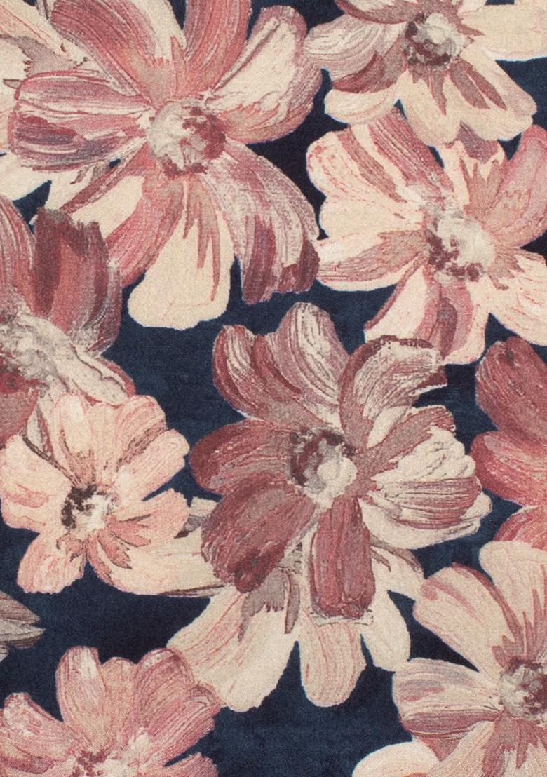 Navy Blue Floral Print Silk Pre Draped Saree Set - Indya