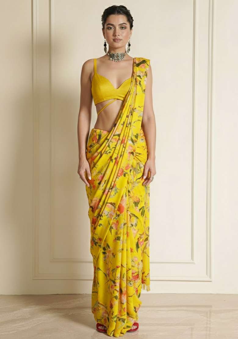 Mustard Yellow Silk Blend Pre Draped Saree Set with Floral Print for Diwali | Wedding & Festive Wear - Indya