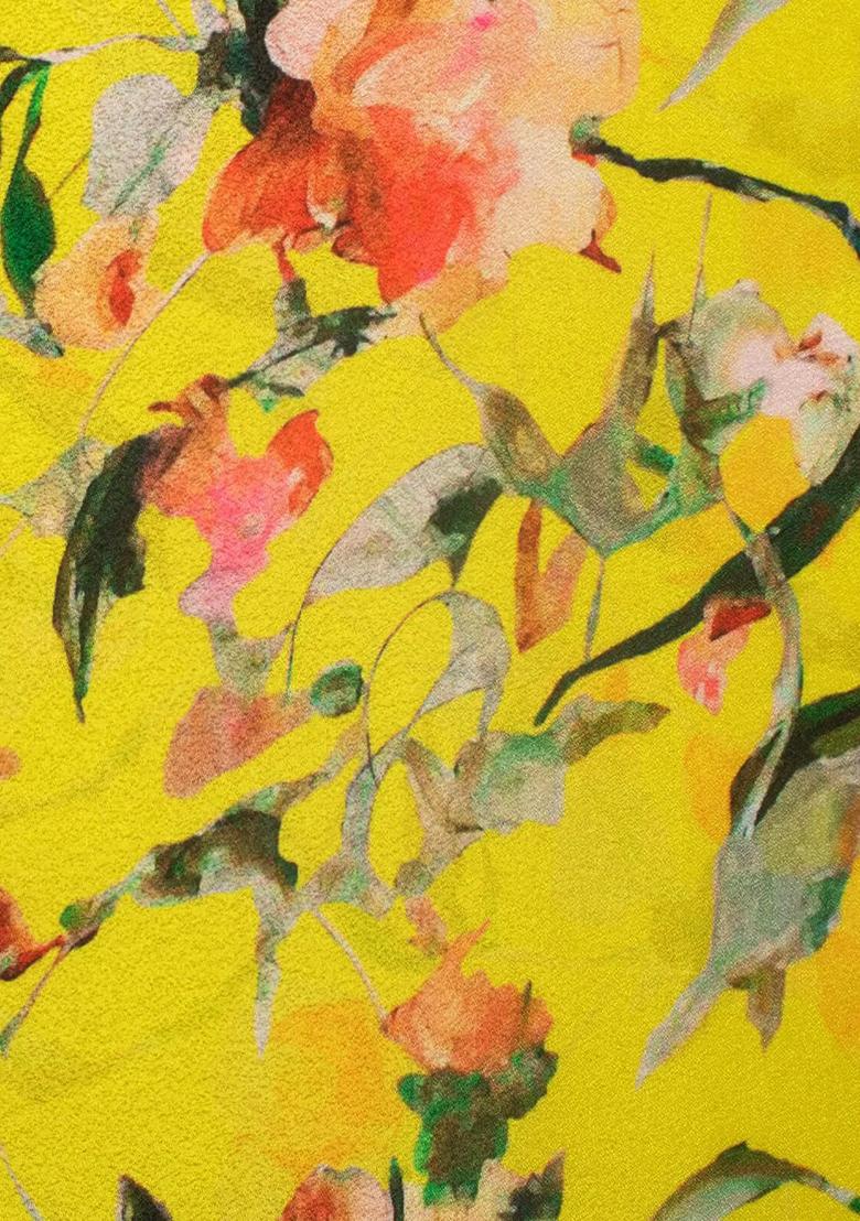 Mustard Yellow Floral Print Silk Pre Draped Saree Set - Indya