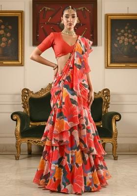 Orange Floral Print Satin Pre Draped Saree Set
